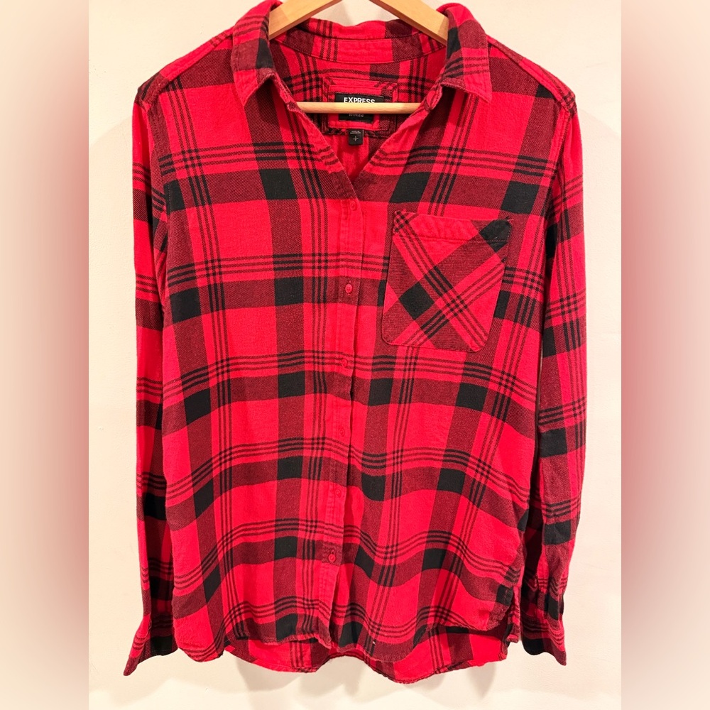 Express Red and Black Plaid Button-Up Shirt